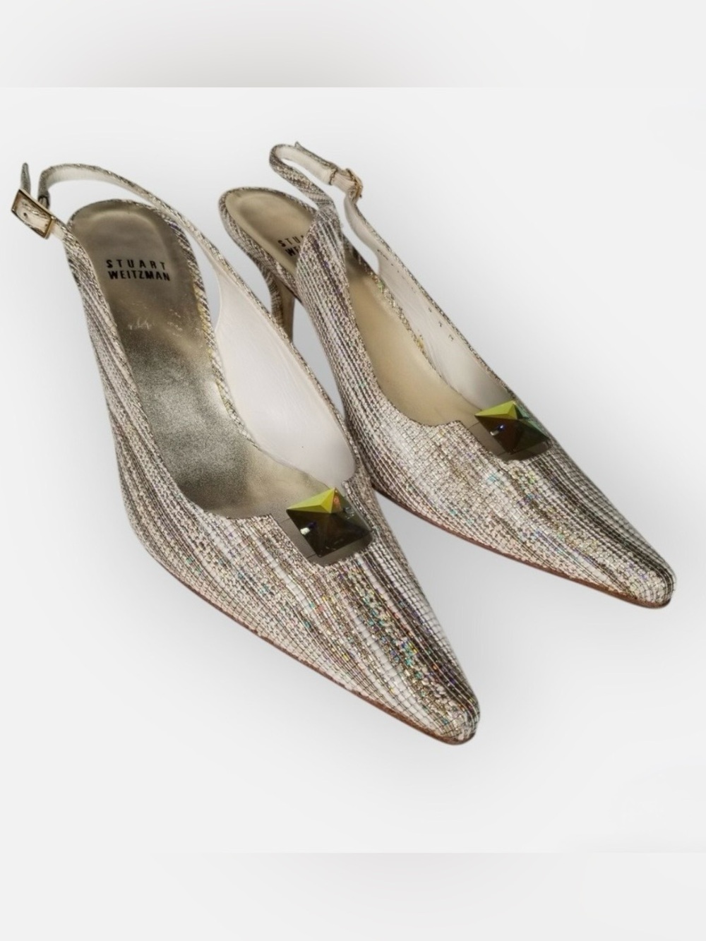 STUART WEITZMAN, Aurora Kitten Glitter Slingback Heels, Size 8.5 M